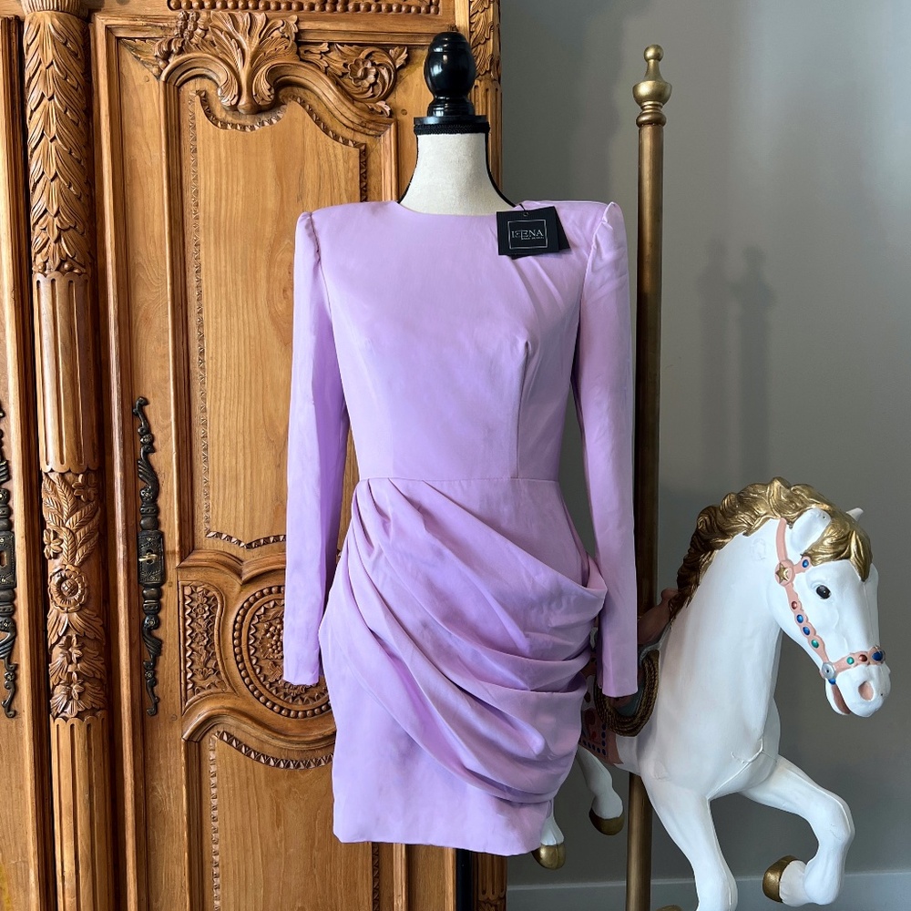 Mac Duggal Long Sleeve High Neckline Mini Dress With Shoulder Pads Lilac 26704